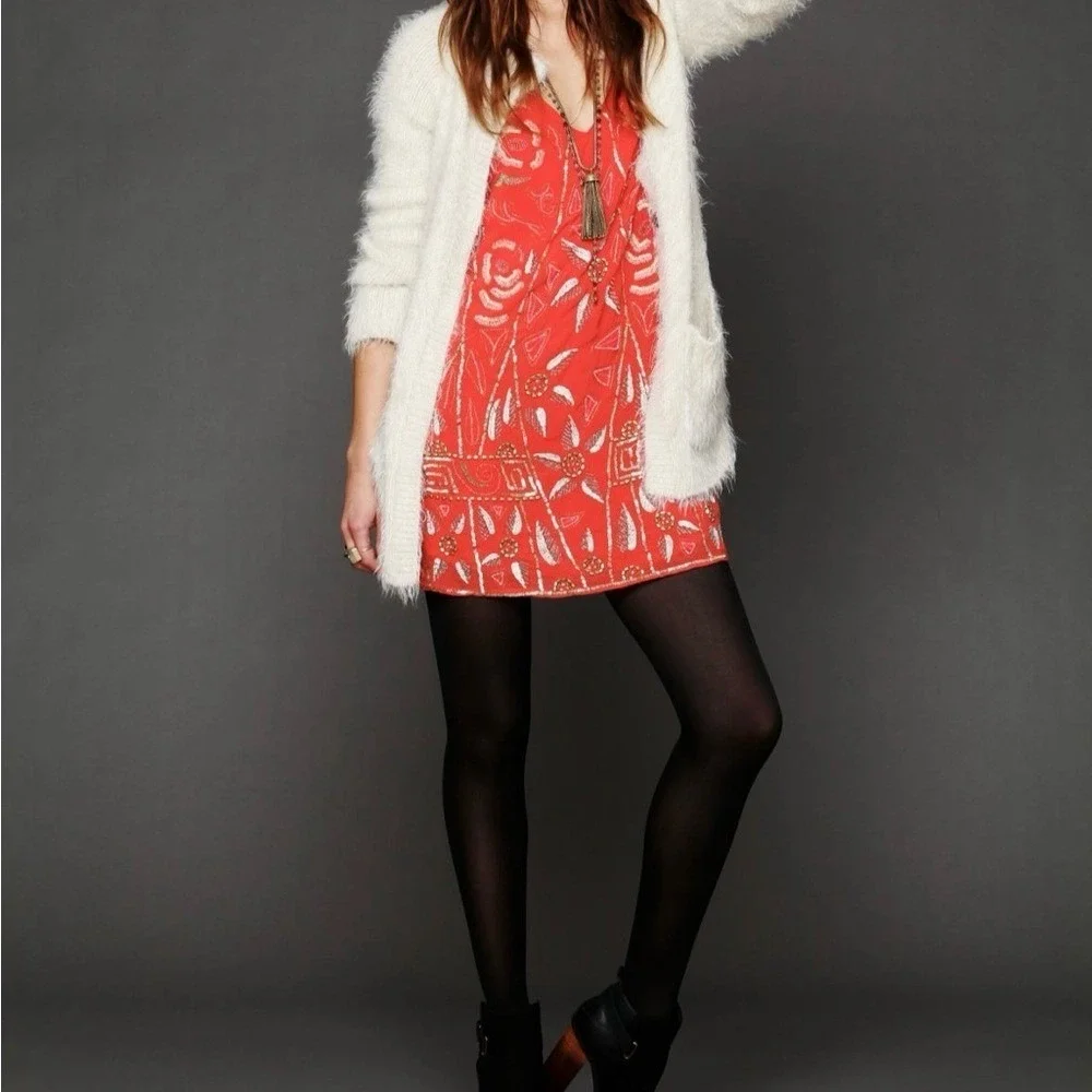 Free People Mini Dress Women XS Red Beaded Sequin‎ Boho Shift OB334008